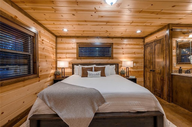 bedroom with recessed lighting, wooden walls, and wooden ceiling