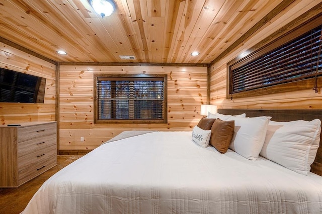 bedroom with wooden walls, recessed lighting, and wooden ceiling