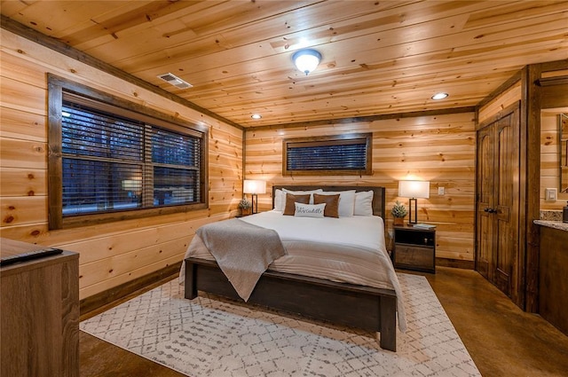bedroom featuring wooden walls, recessed lighting, wood ceiling, and visible vents