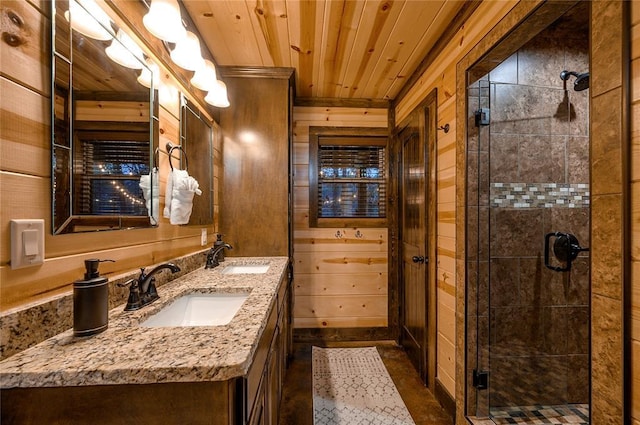 bathroom featuring a shower stall, wood ceiling, wood walls, and a sink