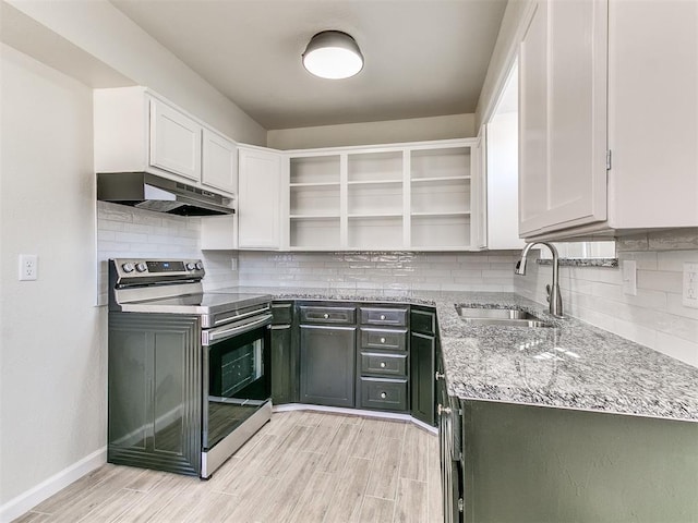 kitchen with open shelves, under cabinet range hood, a sink, white cabinets, and stainless steel electric range oven