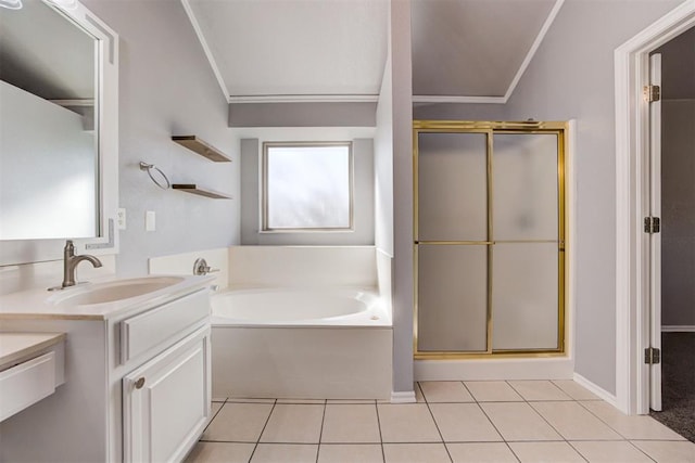 full bathroom with tile patterned floors, a garden tub, a shower stall, and ornamental molding