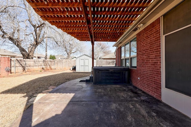 view of patio / terrace with a shed, an outdoor structure, a fenced backyard, and a pergola