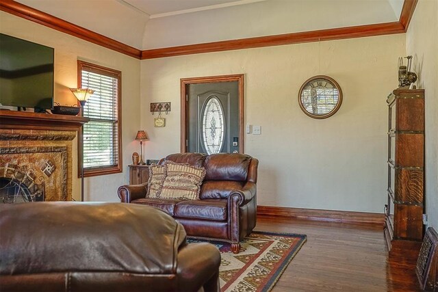 living room featuring a fireplace, crown molding, and wood finished floors