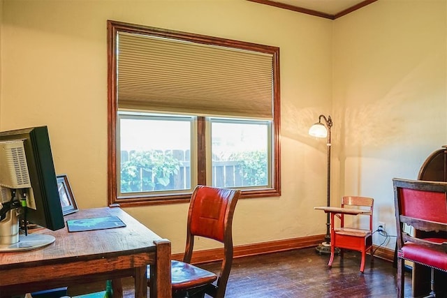 office featuring crown molding, baseboards, and wood finished floors