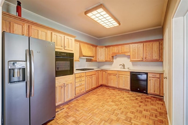 kitchen with ornamental molding, black appliances, and a sink