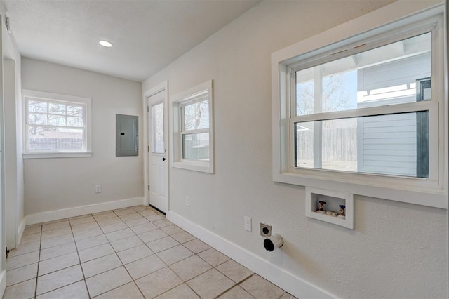 washroom featuring electric dryer hookup, washer hookup, electric panel, baseboards, and laundry area