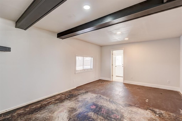 spare room with recessed lighting, baseboards, beam ceiling, and unfinished concrete flooring