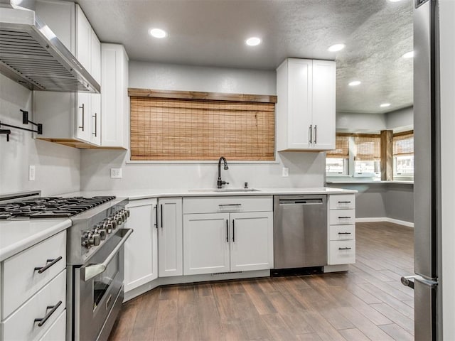 kitchen featuring dark wood finished floors, stainless steel appliances, white cabinetry, wall chimney exhaust hood, and a sink