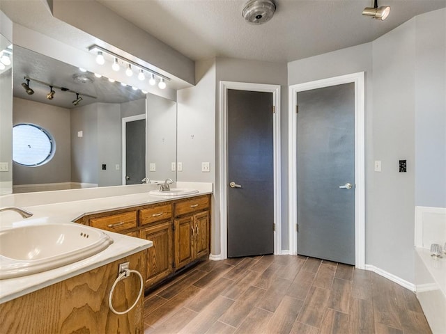 bathroom featuring a washtub, wood finished floors, double vanity, and a sink