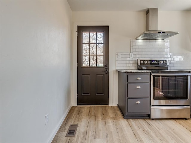 kitchen with visible vents, gray cabinetry, decorative backsplash, stainless steel range with electric cooktop, and wall chimney range hood