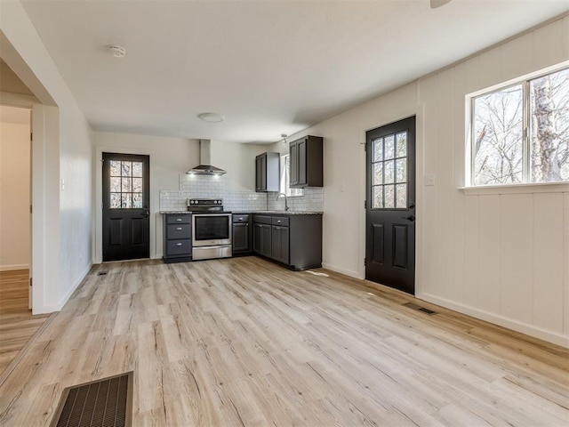 kitchen featuring visible vents, stainless steel electric stove, light wood-style flooring, and wall chimney range hood