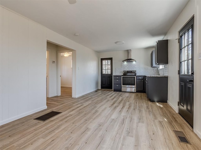 kitchen featuring light wood-type flooring, wall chimney exhaust hood, visible vents, and stainless steel range with electric cooktop