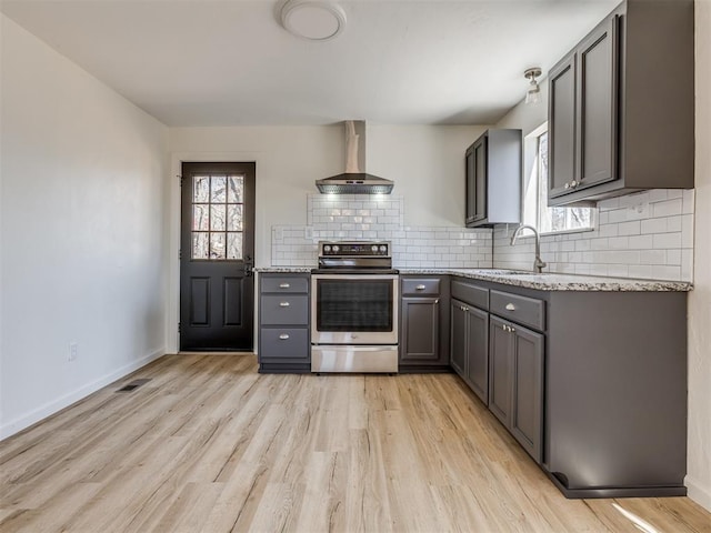 kitchen featuring a sink, stainless steel range with electric cooktop, gray cabinets, and wall chimney range hood