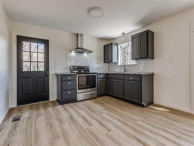 kitchen featuring light wood finished floors, visible vents, stainless steel electric range, and wall chimney range hood