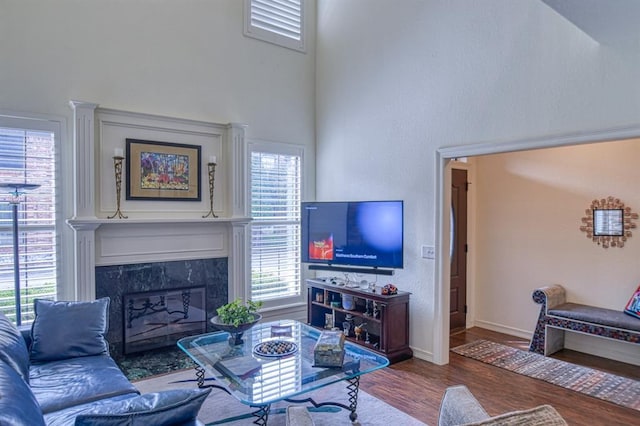 living area with wood finished floors, baseboards, a wealth of natural light, and a premium fireplace