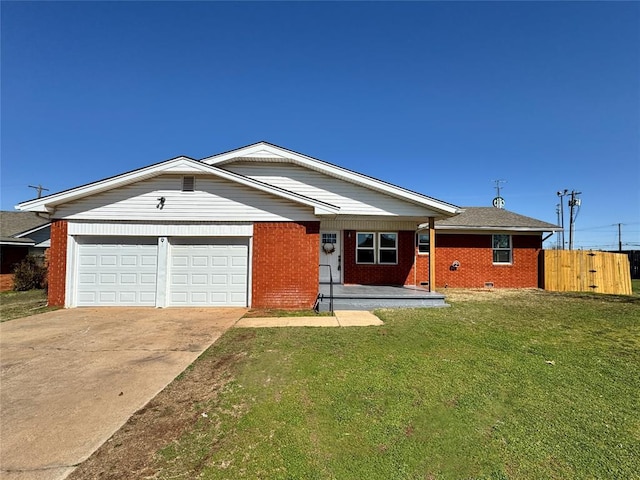 ranch-style home with fence, a front lawn, concrete driveway, a garage, and crawl space