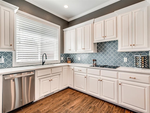 kitchen with crown molding, black electric stovetop, dishwasher, light countertops, and a sink