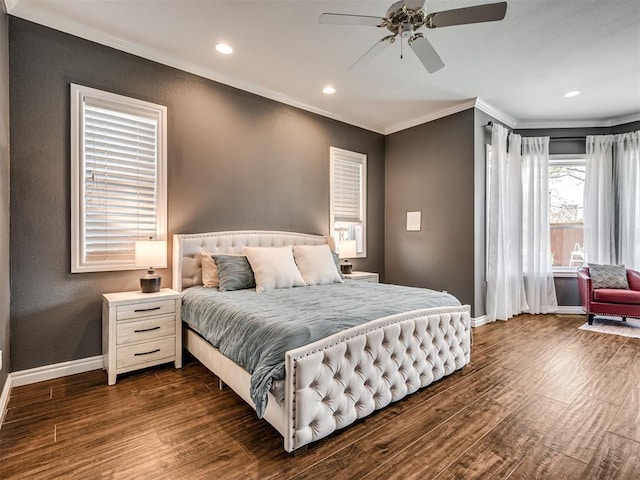 bedroom with a ceiling fan, baseboards, recessed lighting, dark wood-style flooring, and ornamental molding