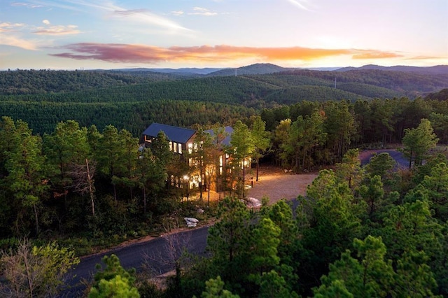 aerial view at dusk with a mountain view and a view of trees