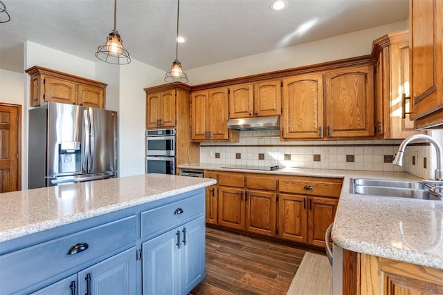 kitchen with under cabinet range hood, a sink, tasteful backsplash, dark wood-style floors, and appliances with stainless steel finishes