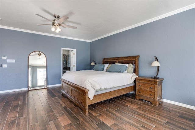 bedroom with arched walkways, crown molding, baseboards, and wood tiled floor