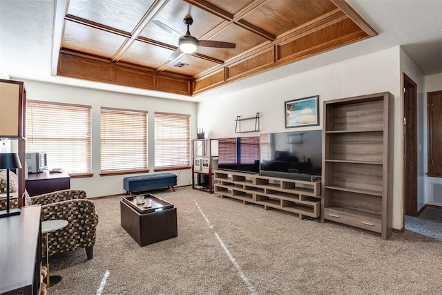 living area featuring visible vents, baseboards, ceiling fan, carpet floors, and coffered ceiling