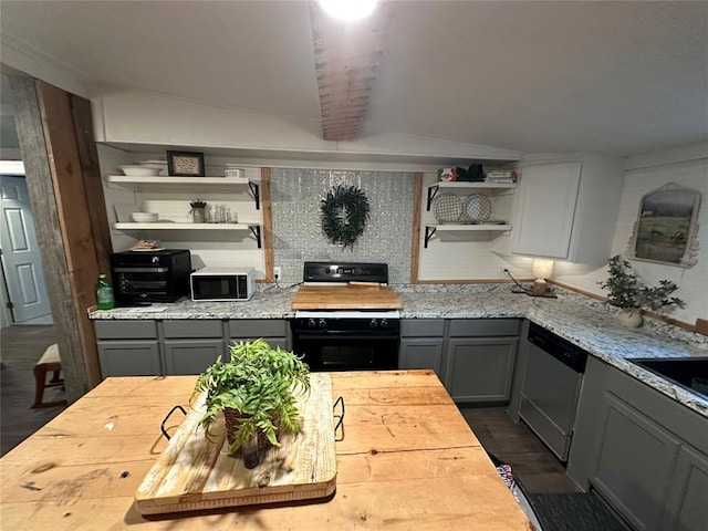 kitchen with gray cabinetry, dishwasher, black electric range, dark wood-style floors, and open shelves