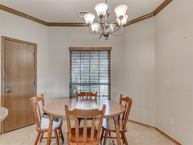 dining room featuring light tile patterned floors, baseboards, visible vents, an inviting chandelier, and ornamental molding