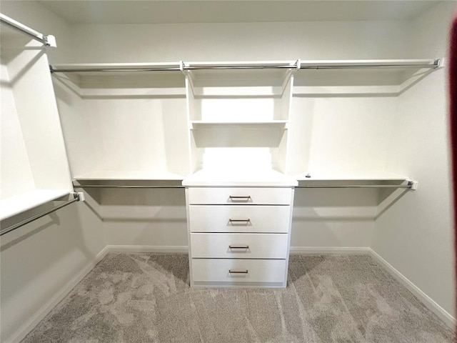 spacious closet featuring light colored carpet