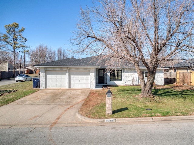 ranch-style house with driveway, a front lawn, fence, a shingled roof, and a garage