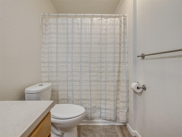 bathroom with wood finished floors, toilet, vanity, and a textured wall