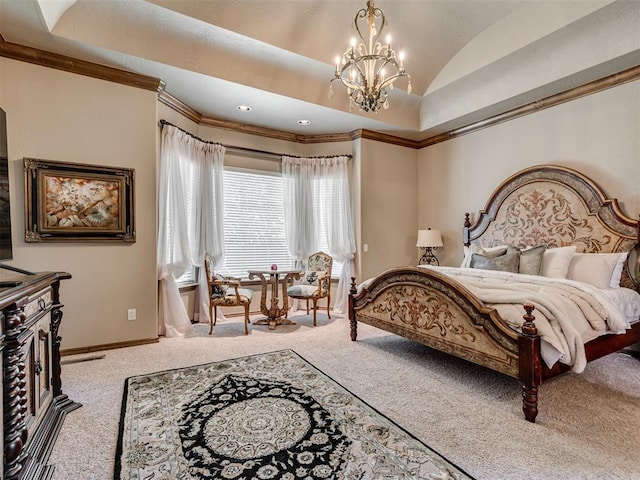 bedroom with baseboards, lofted ceiling, a notable chandelier, and carpet flooring