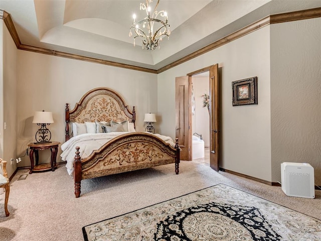 bedroom featuring baseboards, carpet floors, a raised ceiling, and a chandelier