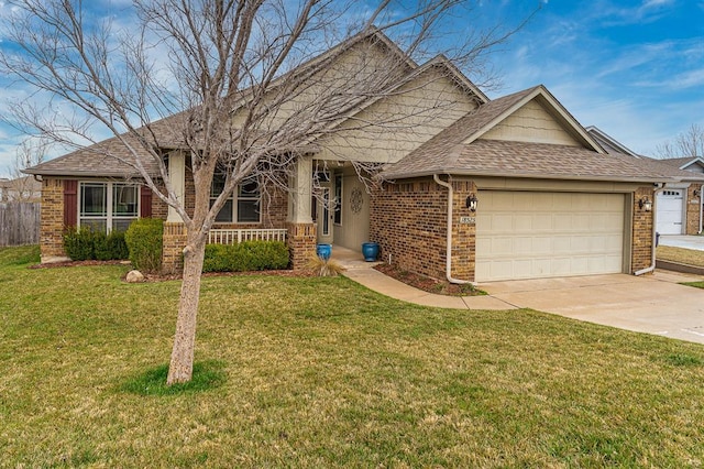 view of front facade featuring a shingled roof, concrete driveway, an attached garage, a front yard, and brick siding