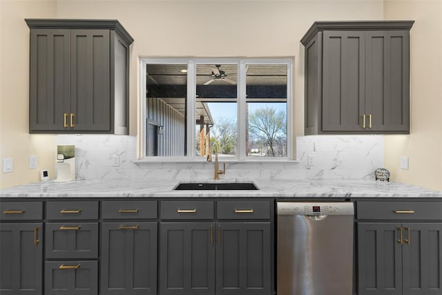 kitchen featuring a ceiling fan, light stone countertops, a sink, dishwasher, and tasteful backsplash