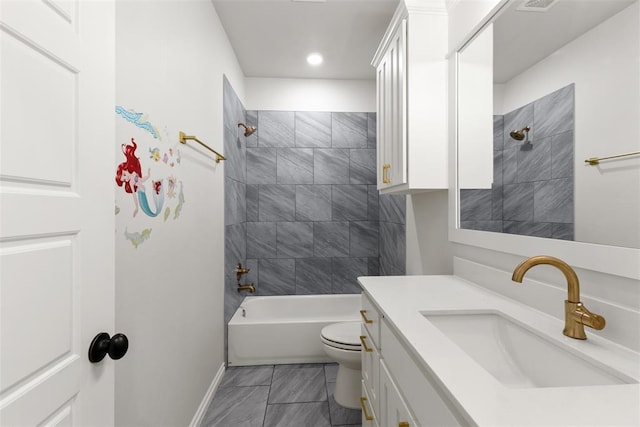 full bathroom featuring tub / shower combination, toilet, vanity, and baseboards