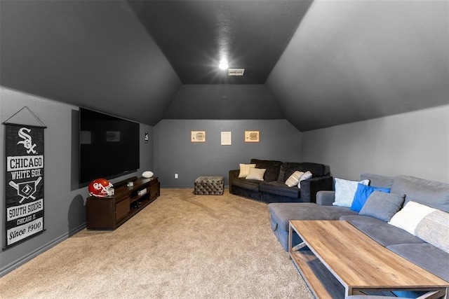 living area featuring baseboards, carpet flooring, and vaulted ceiling