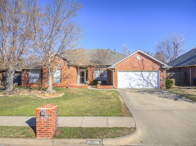 ranch-style house with a front yard, fence, an attached garage, concrete driveway, and brick siding