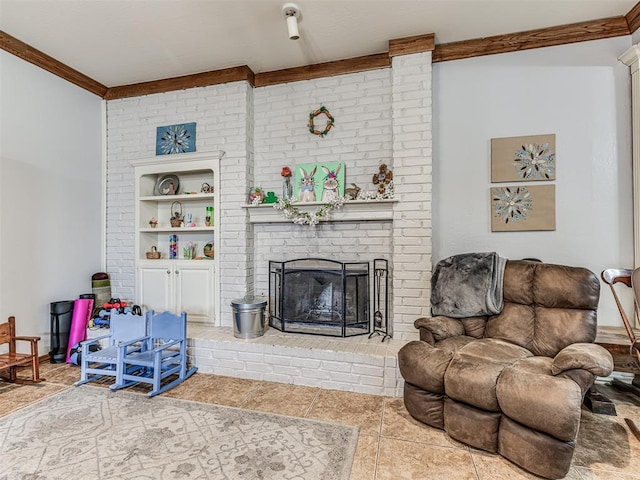 tiled living area with a brick fireplace, built in shelves, and ornamental molding