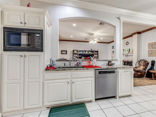 kitchen featuring a sink, stainless steel dishwasher, black microwave, and crown molding