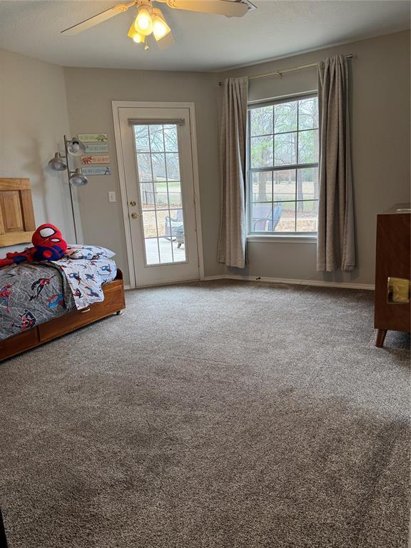 bedroom with access to outside, carpet, baseboards, and ceiling fan