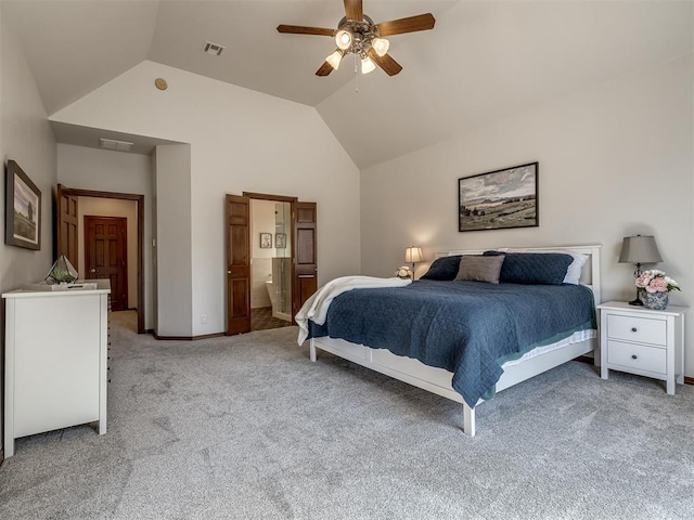 bedroom with a ceiling fan, lofted ceiling, light colored carpet, and visible vents