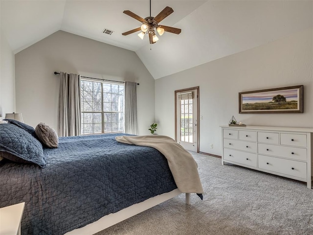 bedroom featuring a ceiling fan, visible vents, lofted ceiling, access to outside, and light colored carpet