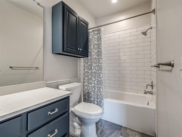 full bath with toilet, vanity, and shower / bath combination with curtain