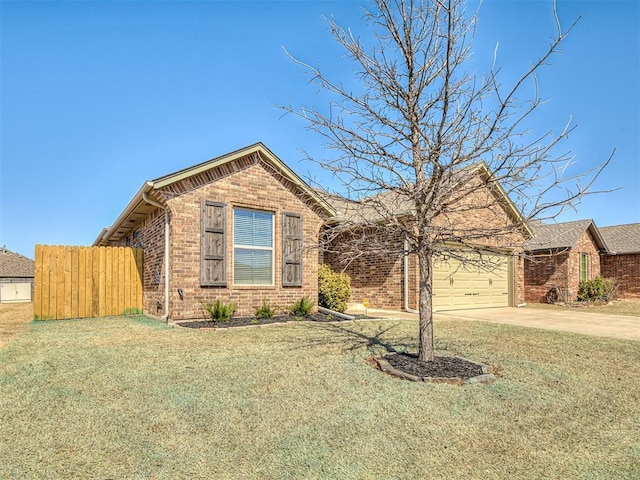 ranch-style home with fence, concrete driveway, a front lawn, a garage, and brick siding