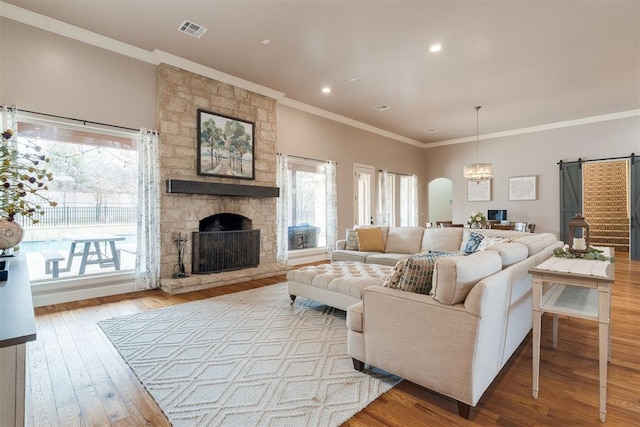 living room featuring visible vents, a barn door, plenty of natural light, and a stone fireplace