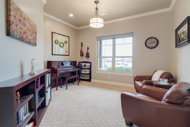 sitting room featuring ornamental molding, visible vents, baseboards, and light carpet