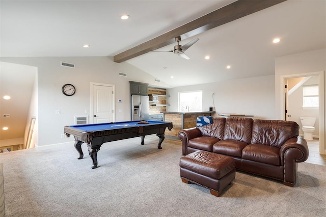 recreation room featuring lofted ceiling with beams, visible vents, recessed lighting, and pool table