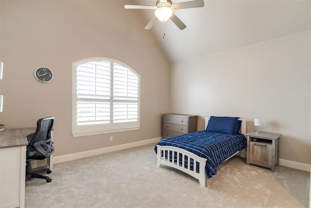 bedroom with a ceiling fan, carpet, baseboards, and high vaulted ceiling